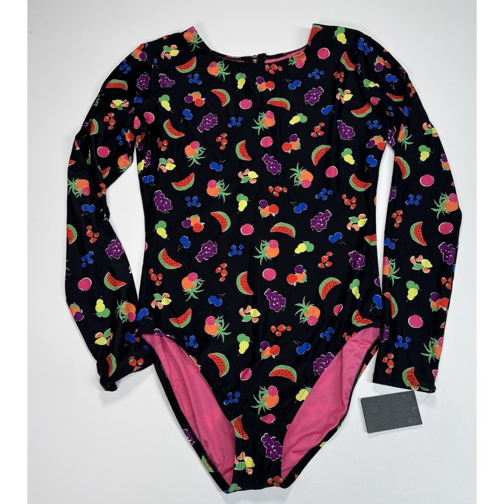 KATE SPADE Rash Guard Size L / 12 Black/multi Fruits Swimsuit Long Sleeve NWT